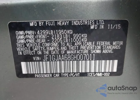 2016 Subaru Impreza 2.0I from USA, damaged, VIN JF1GJAA68GH007011